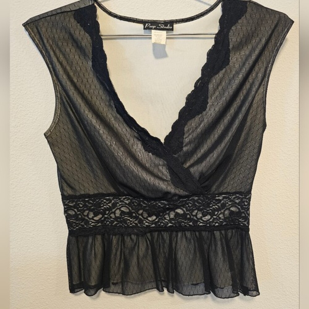 Peep Studio brand Black Lace Peplum Top